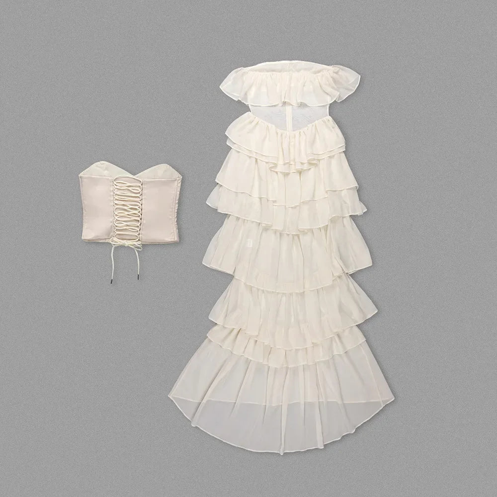 Summer Layer Ruffles Cake Dress Fashion Women Flower White Chiffon Dresses Prom evening dress