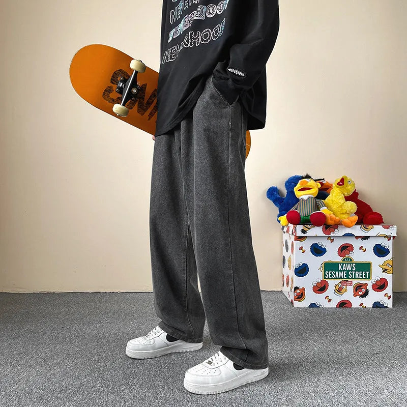 Jeans men's four-season new mopping straight loose wide legs trendy casual handsome comfortable trousers