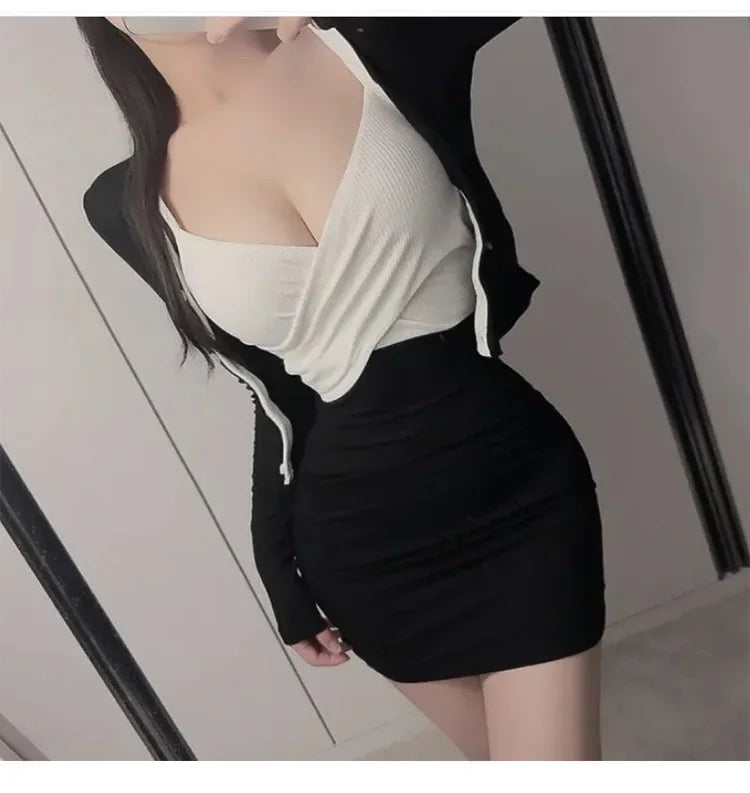Korean Dongdaemun Slim Fit Sexy Pure Desire Wrap Body Strap Dress Long Sleeve Cardigan Two Piece Set Women's Fashion Outfit