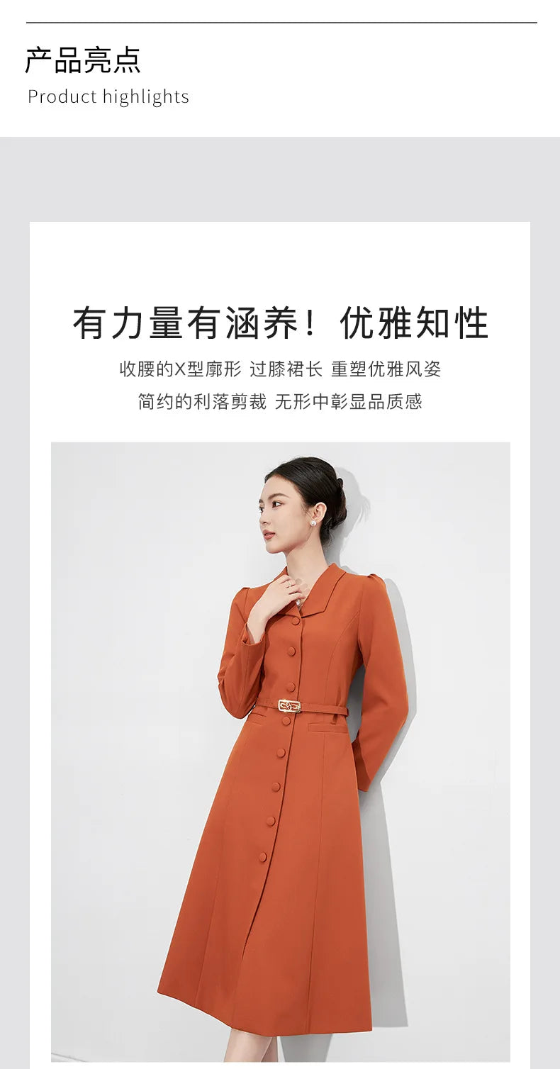 Dresses For Women 2024 Luxury Brand Autumn Long Dress Women's Turn-down Collar Sleeves Single Breasted Sashes Office Lady