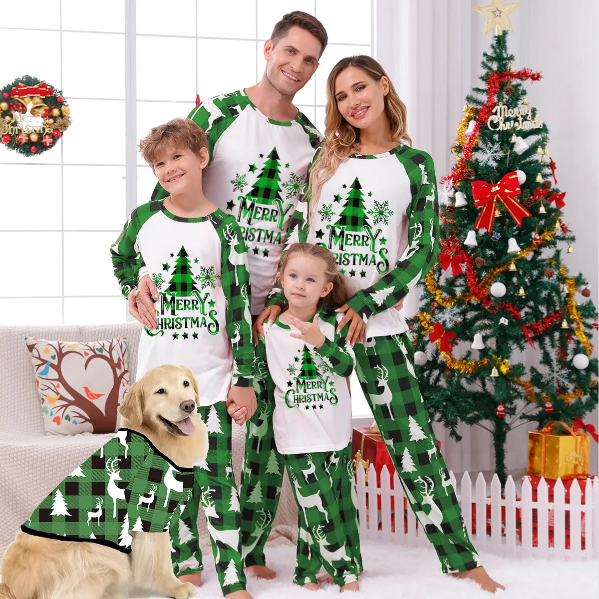 Xmas Matching Family Pajamas Set 2025 Xmas Green Cotton Print Pjs Adult Child Clothing Outfit set Baby Jumpsuit+Dog Clothes