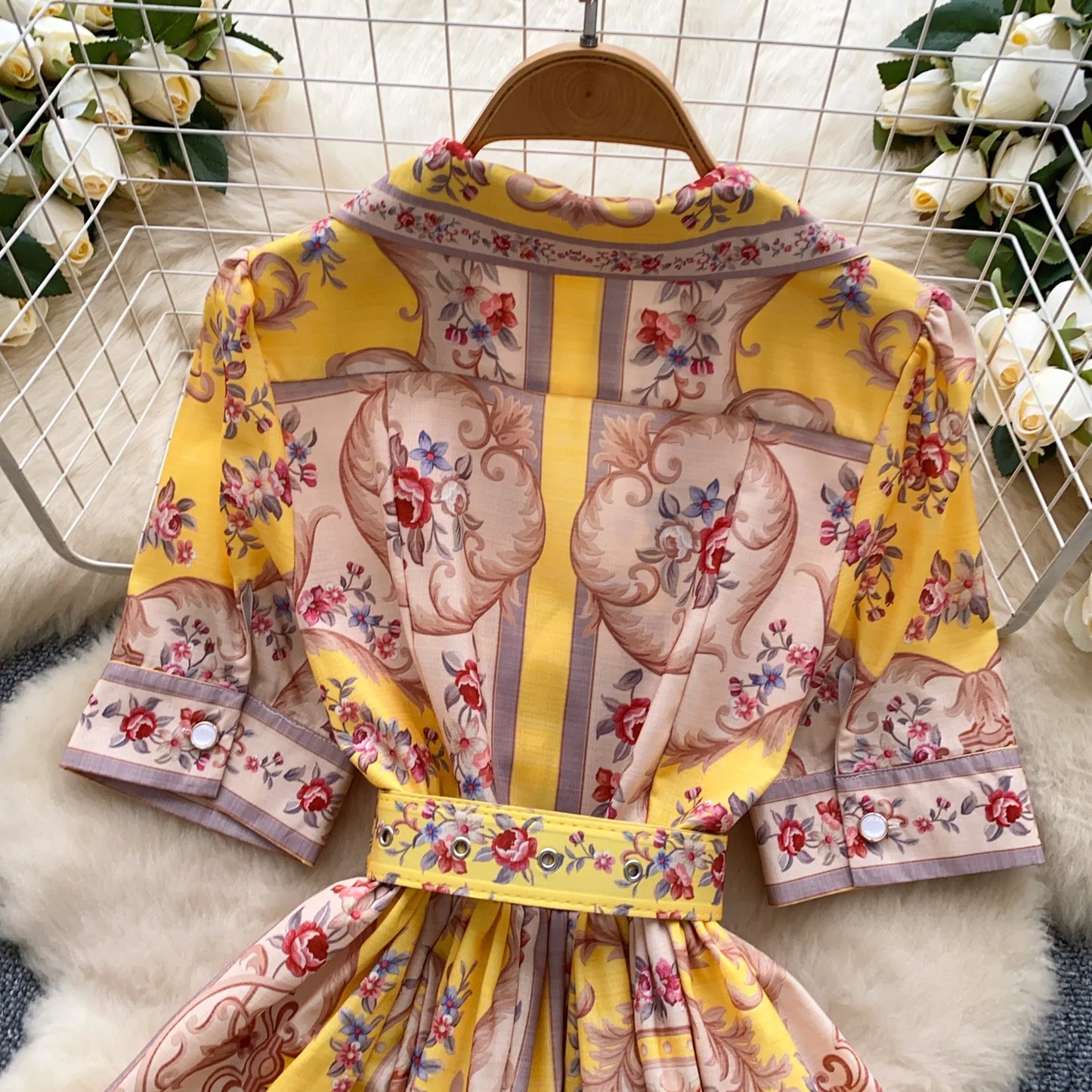 Women Dress Long Dresses A Line Vestidos Turn Down Collar Puff Sleeve Elegant Splice Y2k Streetwear Work Tight Waist 2025