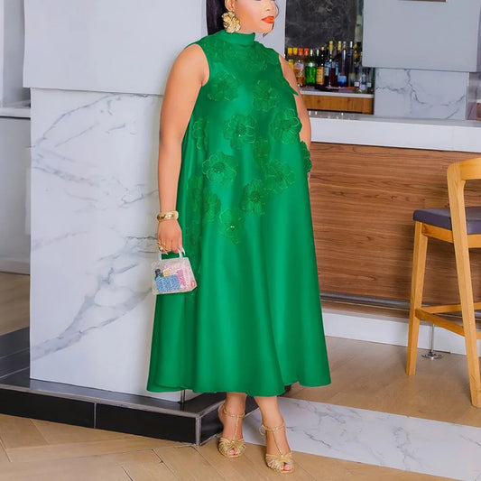 Elegant Dresses for Woman 2025 New O Neck Sleeveless Floral Decorate Straight Ankle Length Fashion Ladies Birthday Party Dress