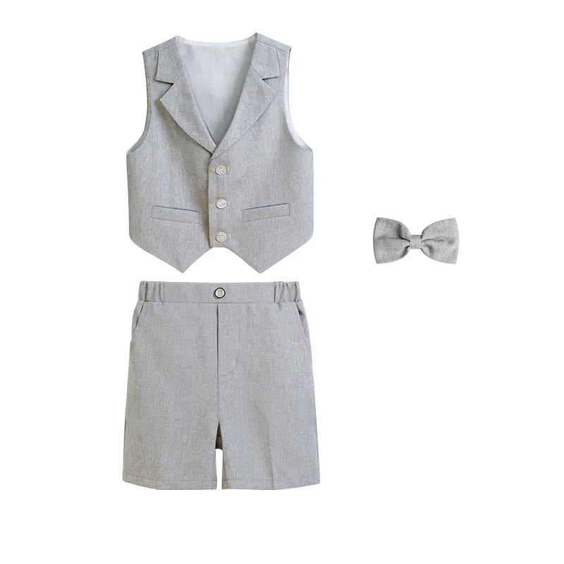 Children's Summer Blue Vest Dress Suit Boy Birthday Party Performance Photography Costume Kids Waistcoat Shorts Bowtie Outfit