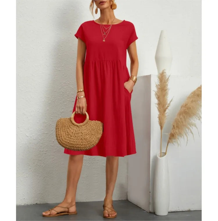 Women's Dresses 2025 Summer Fashion Casual Dresses Women Loose Mid Length Over Knee Dress New Short Sleeve Solid Dress Woman