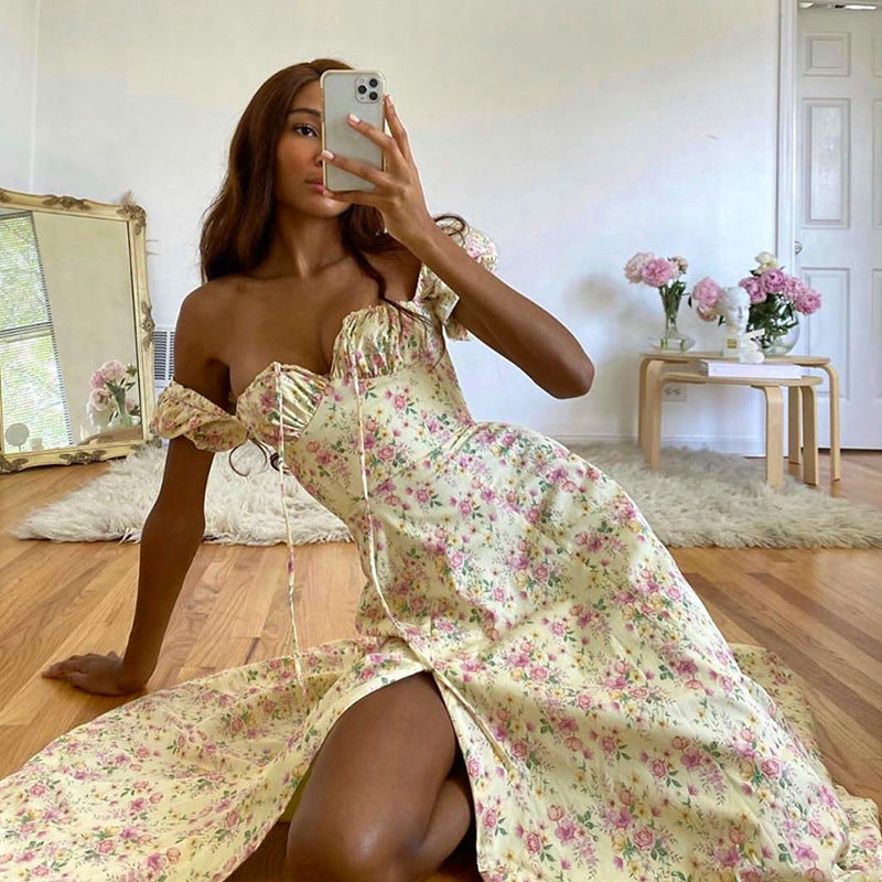 Puff Sleeve Floral Long Dress Women Summer Short Sleeve Square Neck Lace-up Split Dress Casual Sexy Vintage Dresses Female 2024