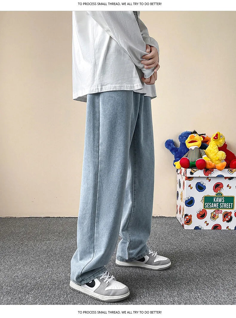 Jeans men's four-season new mopping straight loose wide legs trendy casual handsome comfortable trousers