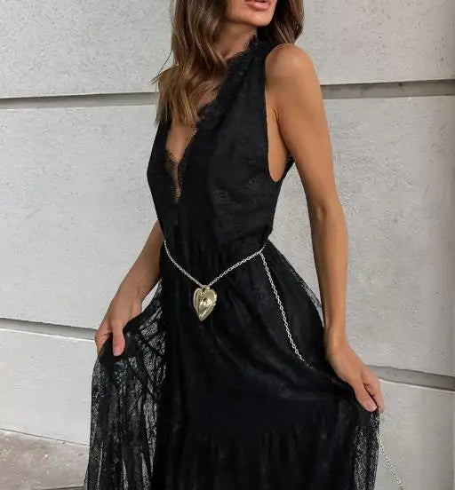 Female Dresses 2025 Sexy Black Brocade Lace Temperament Dress Versatile and Sexy V-Neck Wide Truffle Back Women's Long Dress