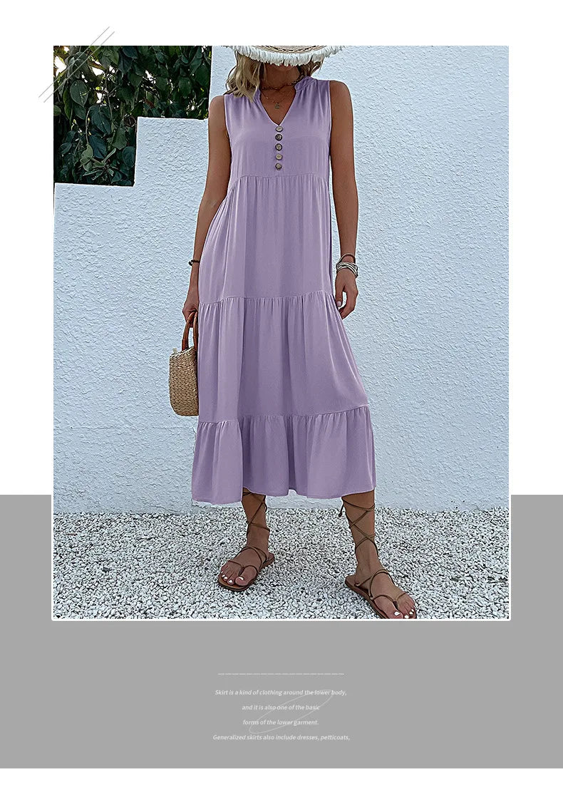 Dresses for Women 2025 Summer V-neck Single-breasted Vest Dress Sleeveless Loose Casual Solid Color Dress Vestidos De Mujer