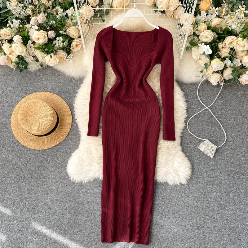 Dresses For Women 2026 Sexy Strapless Ribbed Knitted Bodycon Dress Women Winter Long Sleeve Midi Sweater Dress Clothes