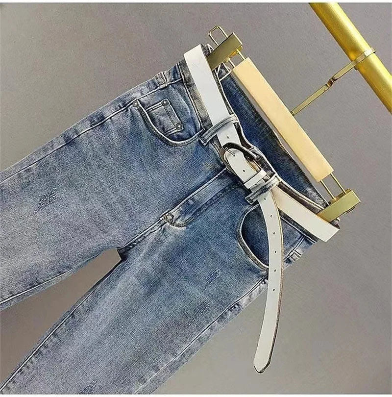 2025 Ladies Jeans Heavy Industry Rhinestone Skinny Jeans Women Spring Summer High Waist Denim Pants Korean Street Stretch Pants