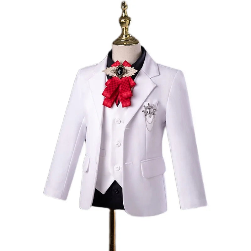 Flower Boys White Baptism Suit Kids Jakcet Vest Pants 3PCS Formal Wedding Dress Children Birhtday Photograph Performance Costume