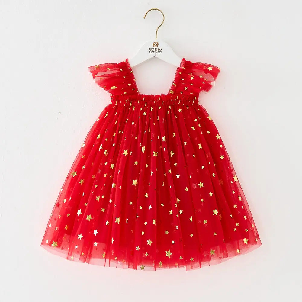Christmas 2025 Girls Cute Fly Sleeve Star Printed Mesh Puffy Dress Halloween Children Party Photograph Princess Dress 1-6T