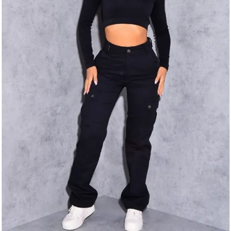 Women High Waist High Elastic Solid Jeans 2023 New Autumn Jeans Women Workwear with Pocket Denim Straight-Leg Pants Cargo Pants