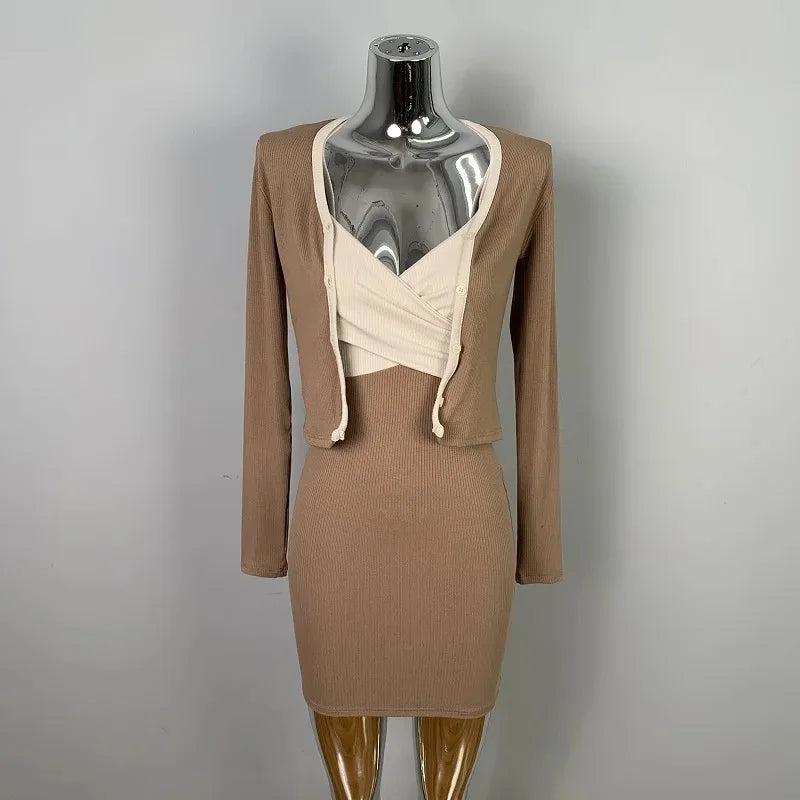 Korean Dongdaemun Slim Fit Sexy Pure Desire Wrap Body Strap Dress Long Sleeve Cardigan Two Piece Set Women's Fashion Outfit