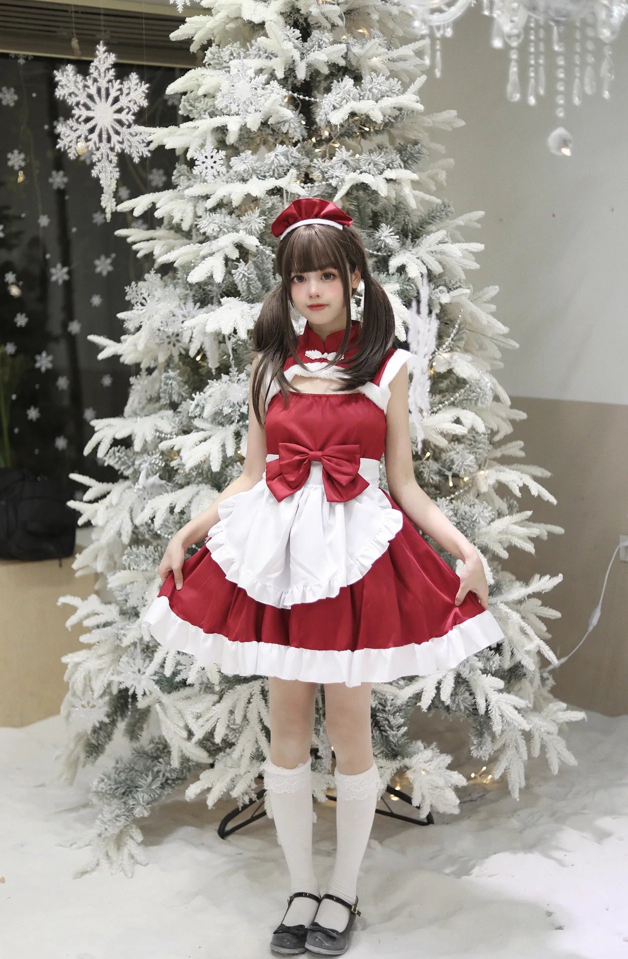 Christmas Maid Dress Girls Suit Red Lolita Cosplay Costume New Year Robe Sleeveless Party Uniform Xmas Clothing