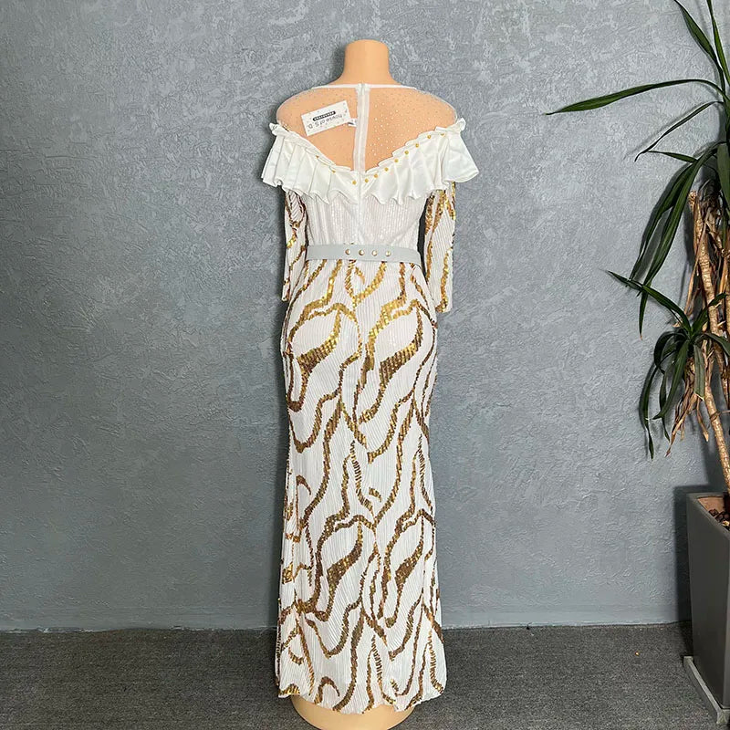 African Dresses For Women 2022 Lady Elegant Glittering Evening Dress Sparkle Sequin Sexy Sheath Maxi Party Gowns Come With Belt