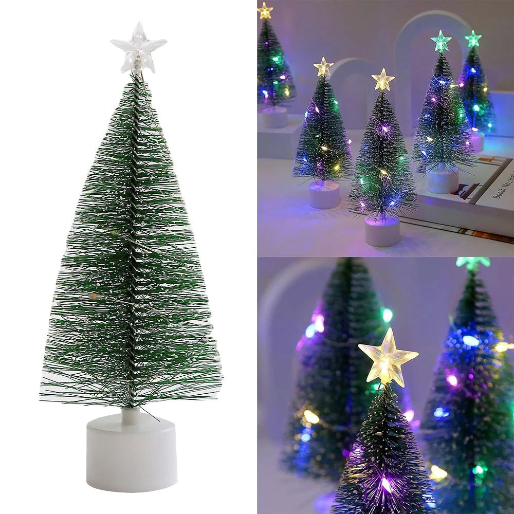 Mini Christmas Trees with LED Light Decor Tabletop Crafting DIY Christmas Gift Green Brush Trees Winter Ornaments