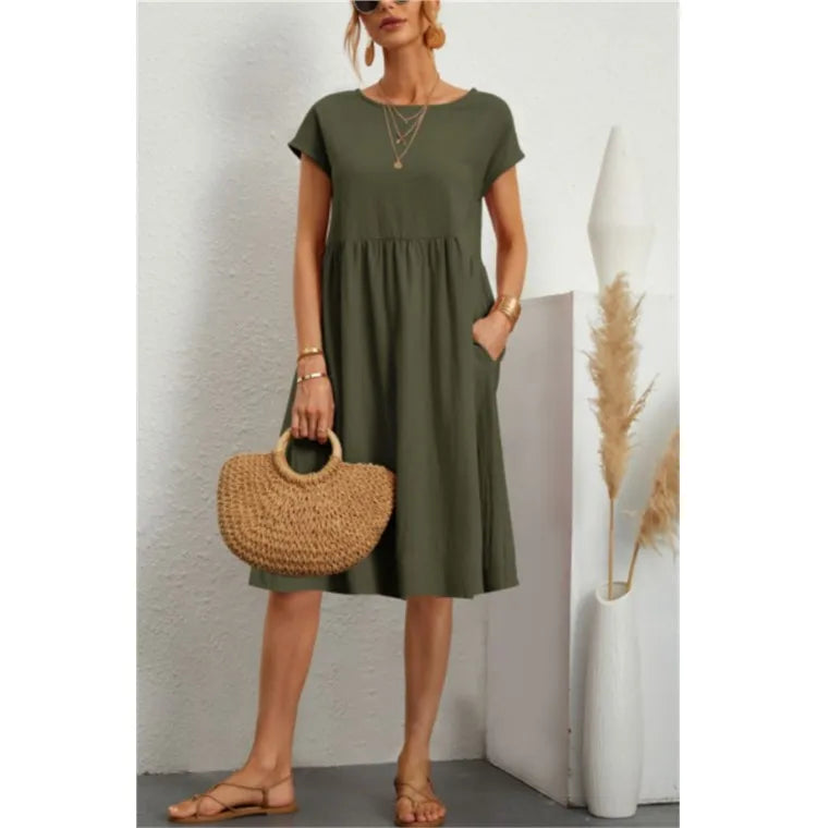 Women's Dresses 2025 Summer Fashion Casual Dresses Women Loose Mid Length Over Knee Dress New Short Sleeve Solid Dress Woman