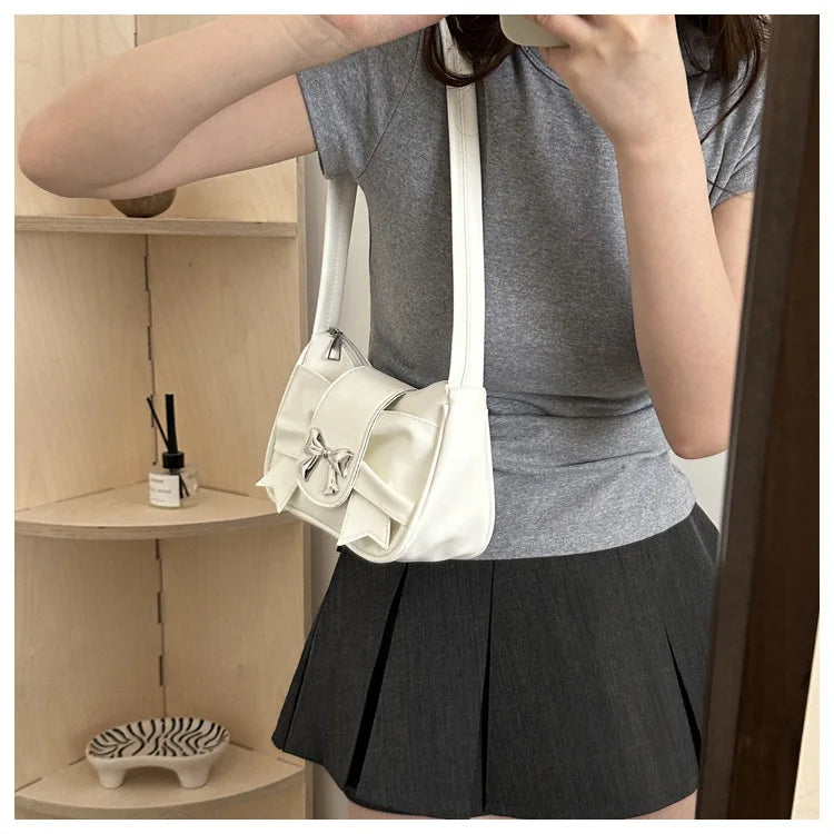 Sweet Bow Small Underarm Bag for Women Fashion PU Leather Ladies Portable Shoulder Bags Solid Color Female Clutch Handbags