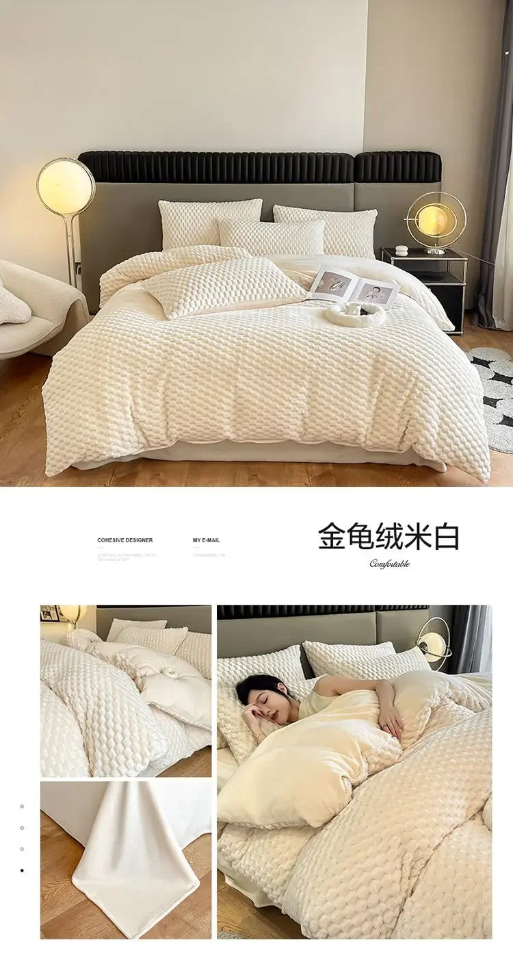 Four Piece Light Pink Honeycomb Plush Bed Duvet Cover Set Winter Milk Velvet Beds Sheet Skirt 3-Piece Home Furnishing Decoration