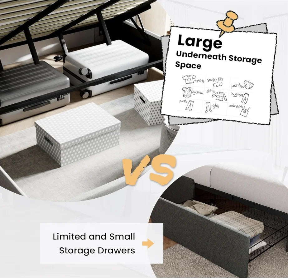 King Size Lift Up Storage Bed/Modern Wingback Headboard/Upholstered Platform Bed Frame/Hydraulic Storage/No Box Spring Needed/Wo