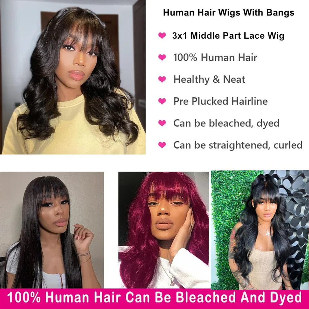 Silkwave Body Wave Human Hair Wigs with Bangs 3x1 Middle Part Lace Scalp Wig For Black Women Brazilian Remy Hair Fringe Wig