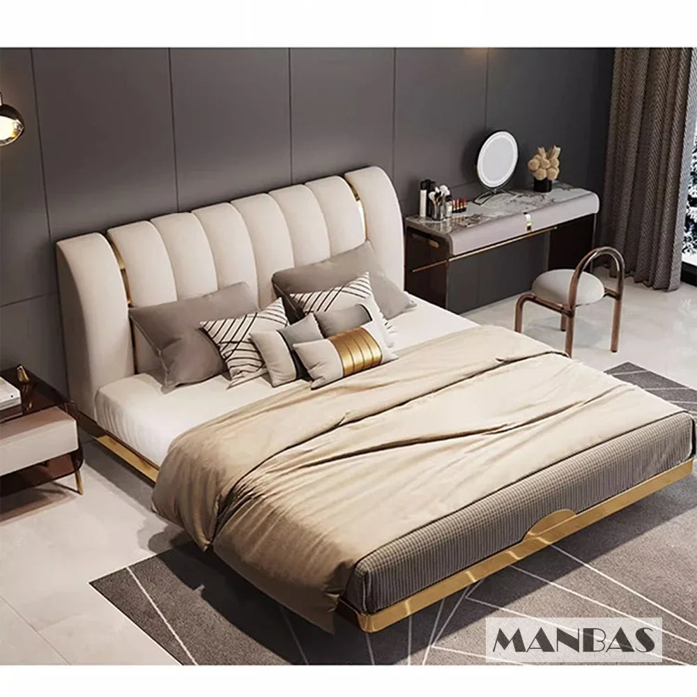 Linlamlim Modern Genuine Leather Suspended Bed With Sensor Light, Double Rectangle Bed Frame With Stainless Steel, Nordic Camas