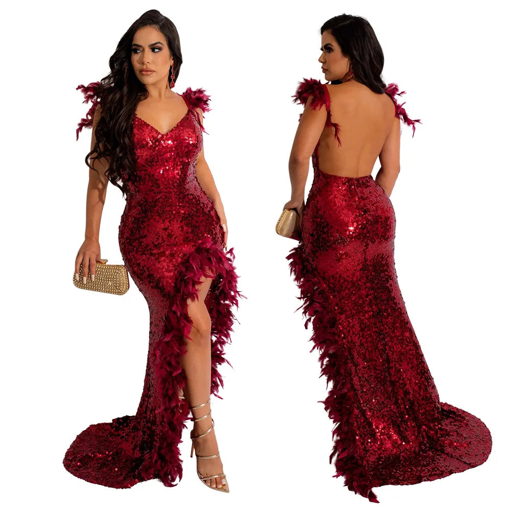 Dress Floor Length Dresses Women Party Gown Sequin Feather Hip Wrap Sexy Slim Fit Vestidos Sleeveless V Neck Backless Evening