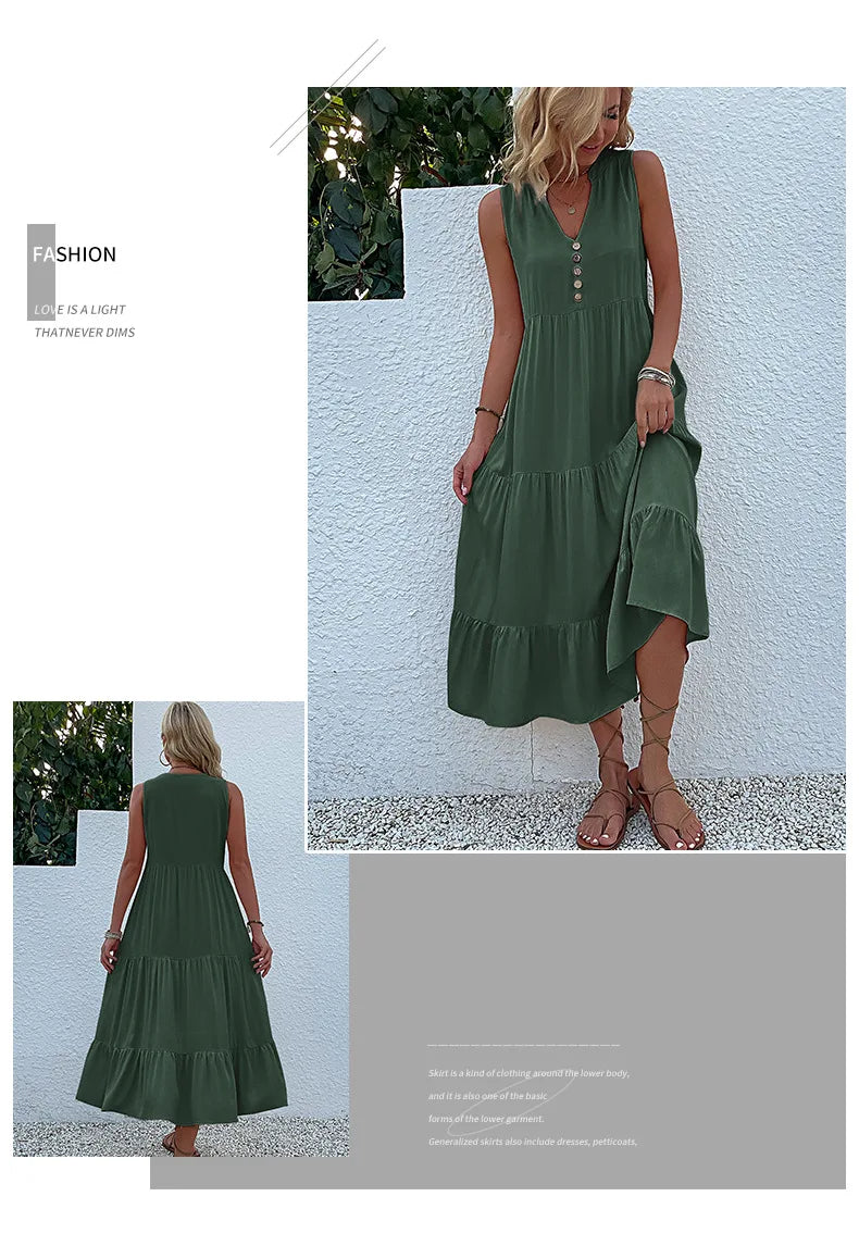 Dresses for Women 2025 Summer V-neck Single-breasted Vest Dress Sleeveless Loose Casual Solid Color Dress Vestidos De Mujer