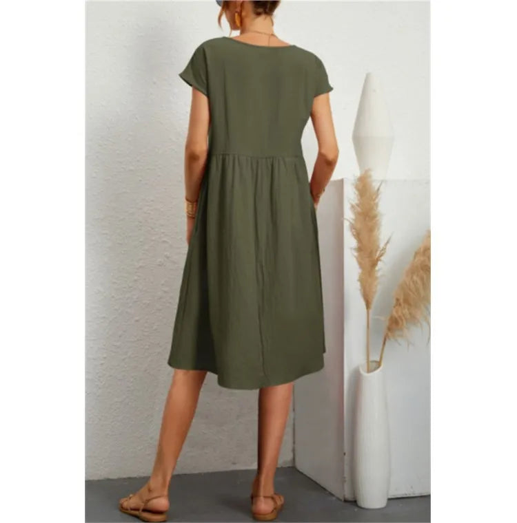 Women's Dresses 2025 Summer Fashion Casual Dresses Women Loose Mid Length Over Knee Dress New Short Sleeve Solid Dress Woman