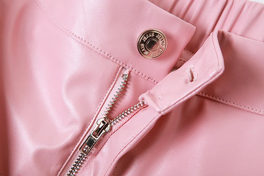 Pink Cargo Pants for Women 2025 Spring Straight Leg Solid Multi-Pocket Design High Waist Pu Leather Loose Baggy Pants Streetwear