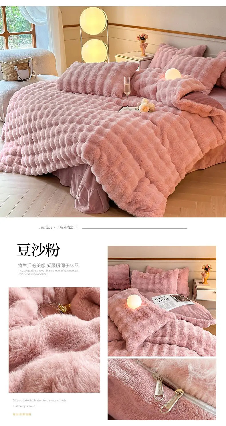 4pcs High End Rabbit Plush Bed Four Piece Set Winter Thick Warm Bubble Velvet Cover Set Lace Bed Sheet Skirt Pillowcases Bedding