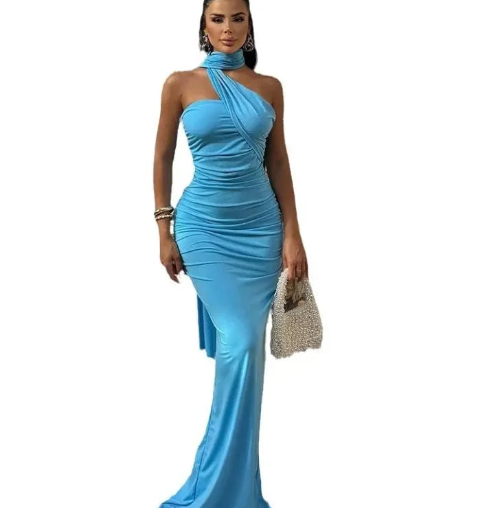 Luxurious Women's Evening Dresses Solid Color Halterneck Dress Backless Streamer Slit Temperament Long Dress for Women