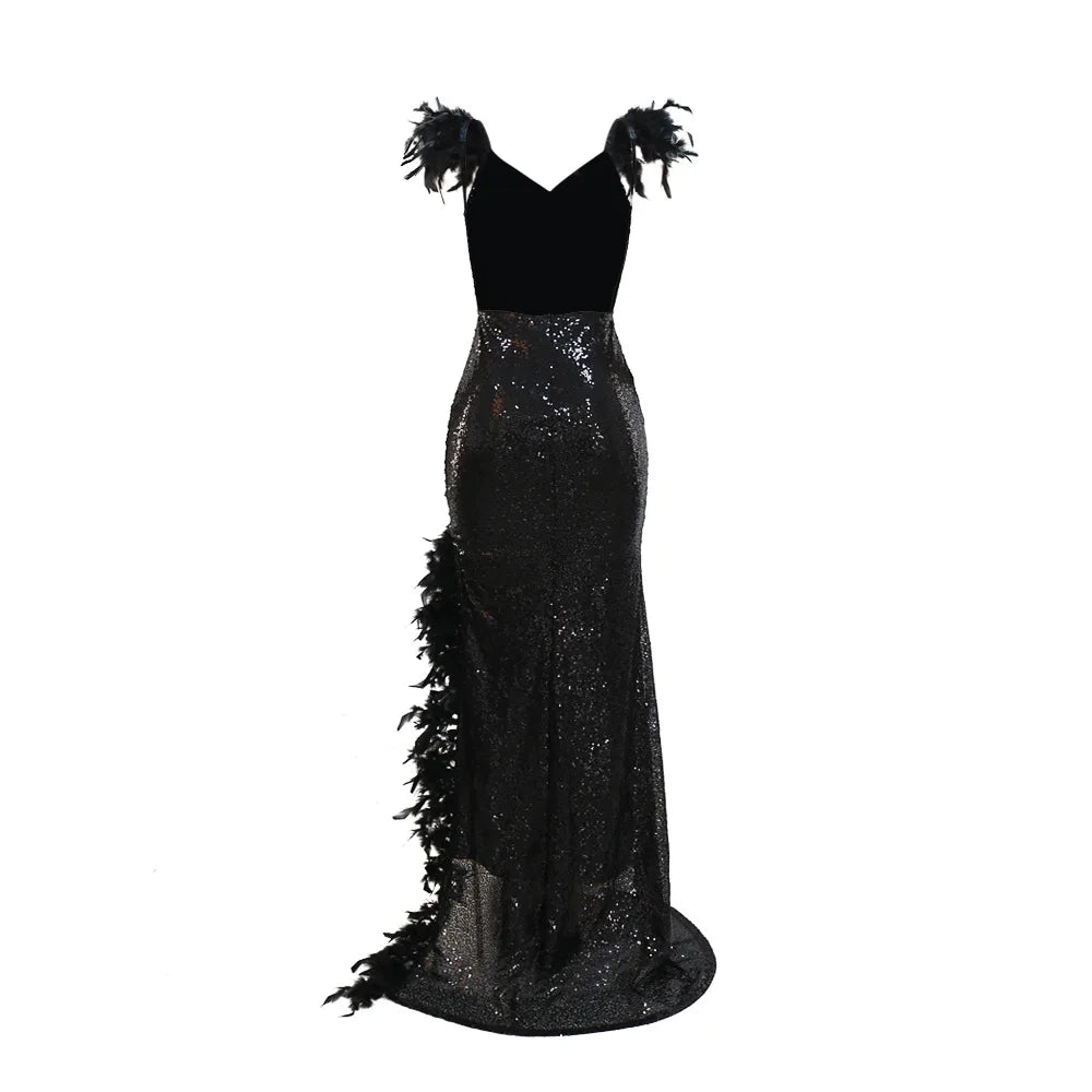 Dress Floor Length Dresses Women Party Gown Sequin Feather Hip Wrap Sexy Slim Fit Vestidos Sleeveless V Neck Backless Evening