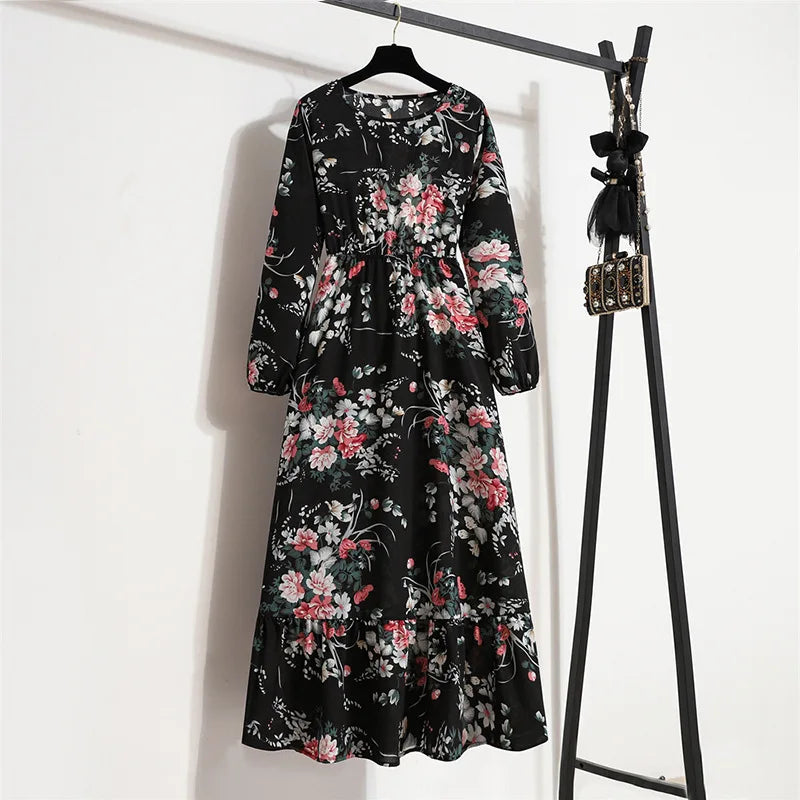 Women Eid Muslim Dresses Dubai Kaftan Tight Waist O Neck Morocco Arab Ruffles Spliced Vestidos Flowers Dress Casual Slim Fit