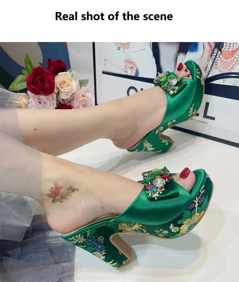 Summer Sandals 2023 Newest Pattern Embroidery Pattern Design Green Rhinestone Decoration High Heels Women Party Shoes Bag Set