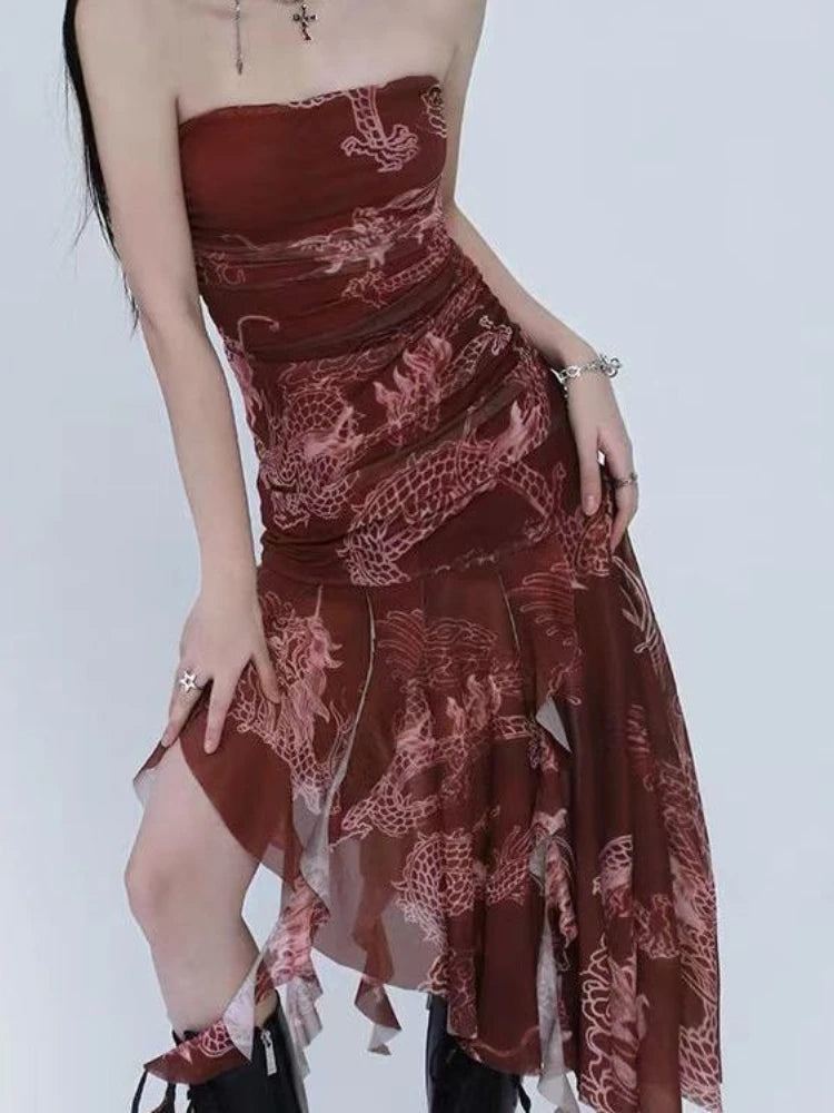 Sexy Dresses for Women 2025 Vestidos De Mujer Tunic Print Sleeveless Backless Robe Femme Fashion Summer Irregular Chiffon Dress