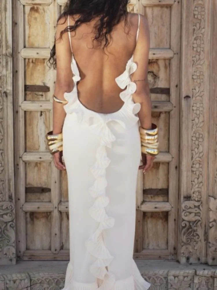 Temperament High Waist Sleeveless Banquet Dress Sexy Suspender Hollow Out Evening Dress Elegant Pure Color Ruffle Wrap Hip Dress