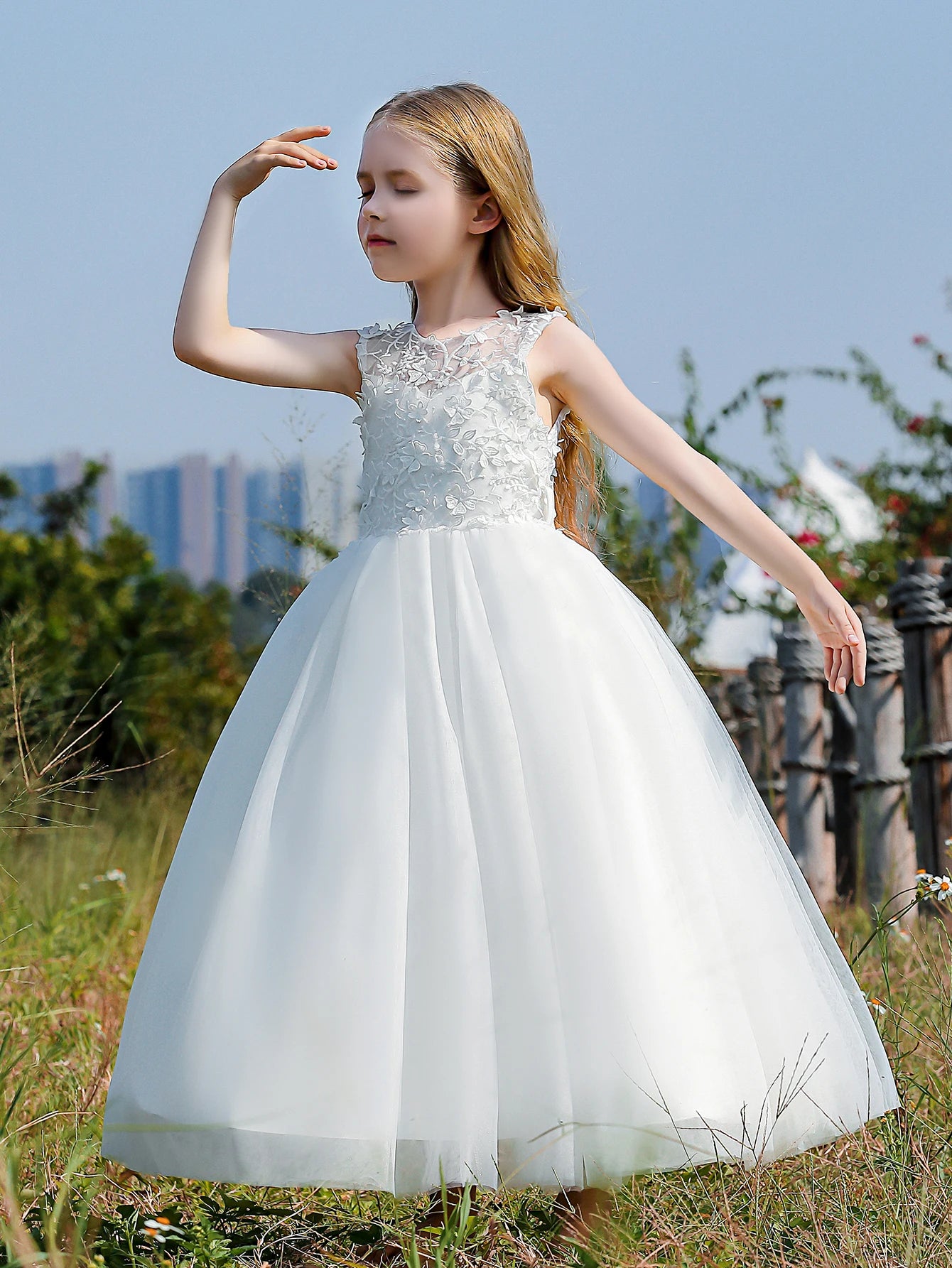 Children's Girs' Dresses for Eid Tulle Satin White Floral Girl's Dress Design for Wedding Party Princess Costume