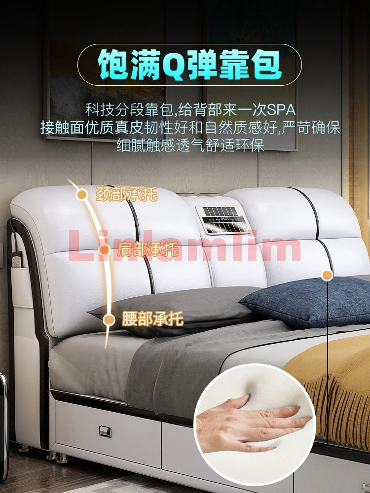 Linlamlim Tech-Smart Multifunctional Bed Genuine Leather Ultimate Camas Tatami Lit with Massage, Projector, Air Purifier,Speaker