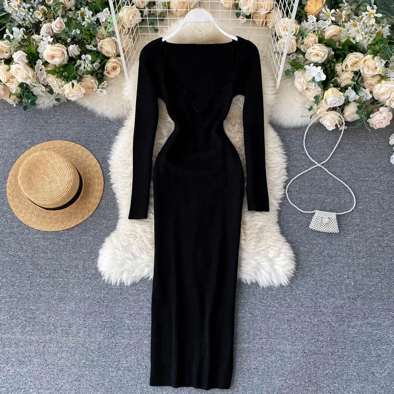 Dresses For Women 2026 Sexy Strapless Ribbed Knitted Bodycon Dress Women Winter Long Sleeve Midi Sweater Dress Clothes
