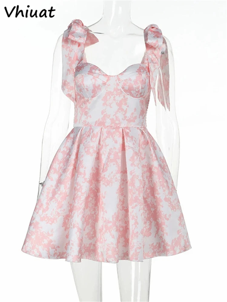 Vhiuat Blue Floral Print Cute Elegant Off Shoulder Mini A-Line Dress Lace Up Fashion Women Party Evening Dresses Summer 2024