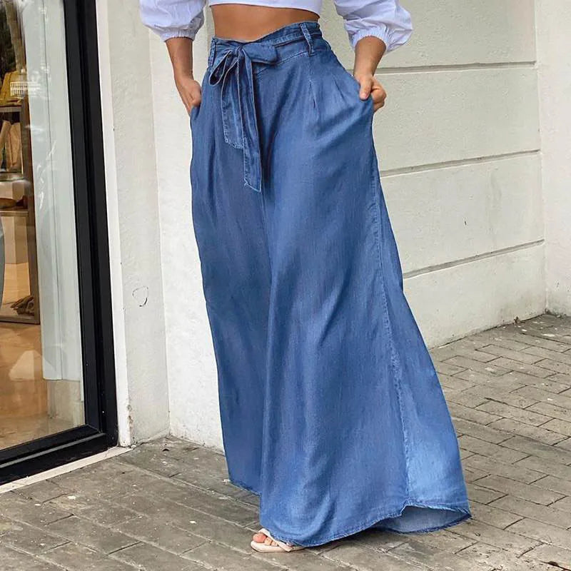 Elegant High Waist Jeans Women Denim Summer Wide-leg Pants Lace-up Solid Female Lage Size Street Casual Trousers Clothing