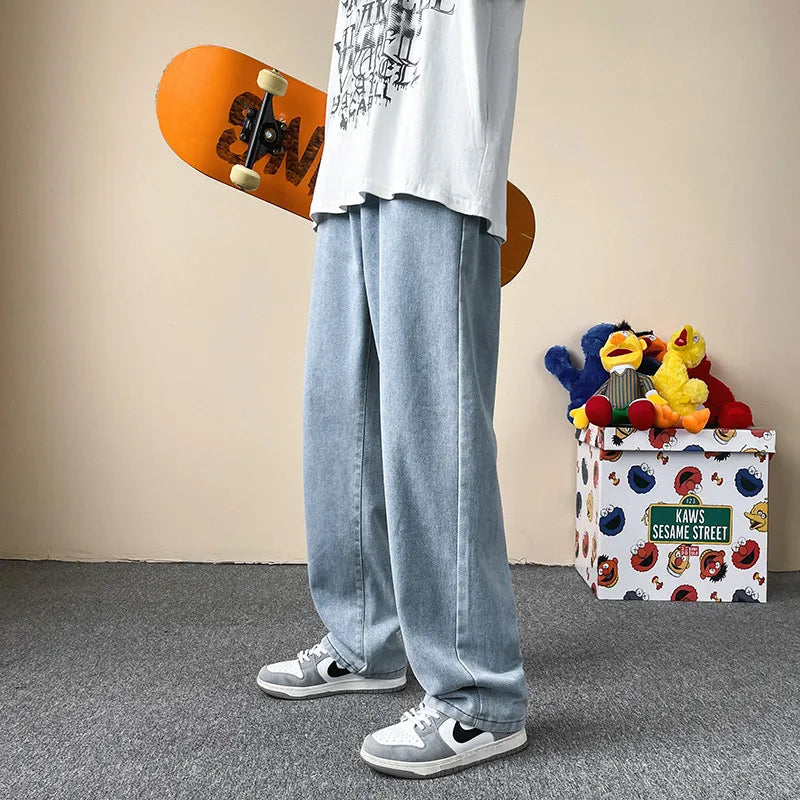 Jeans men's four-season new mopping straight loose wide legs trendy casual handsome comfortable trousers