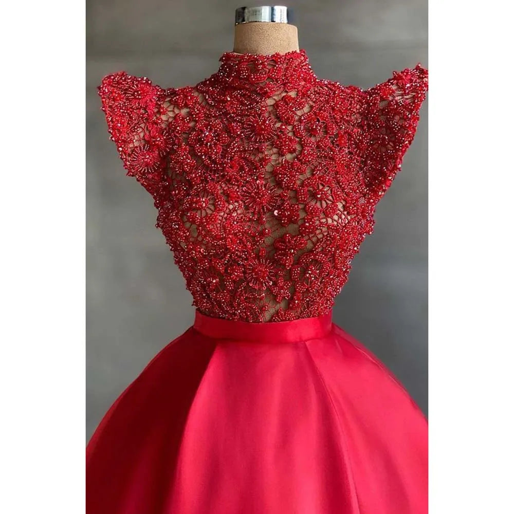 Gorgeous Red Lace Evening Dresses Elegant Women Sleeveless Floor Length Gowns Luxuy A-Line Formal Occasion Prom Dress Vestidos