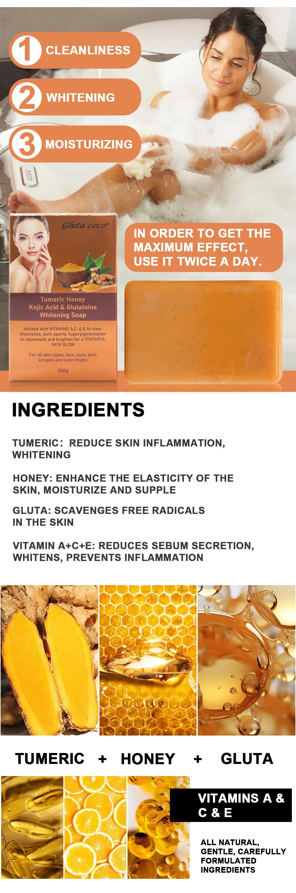 Gluta Coco Tumeric Honey Face Whitening Cleansing Soap Improve Skin Remove Acne Face Skincare Products Natural Handmade Soap
