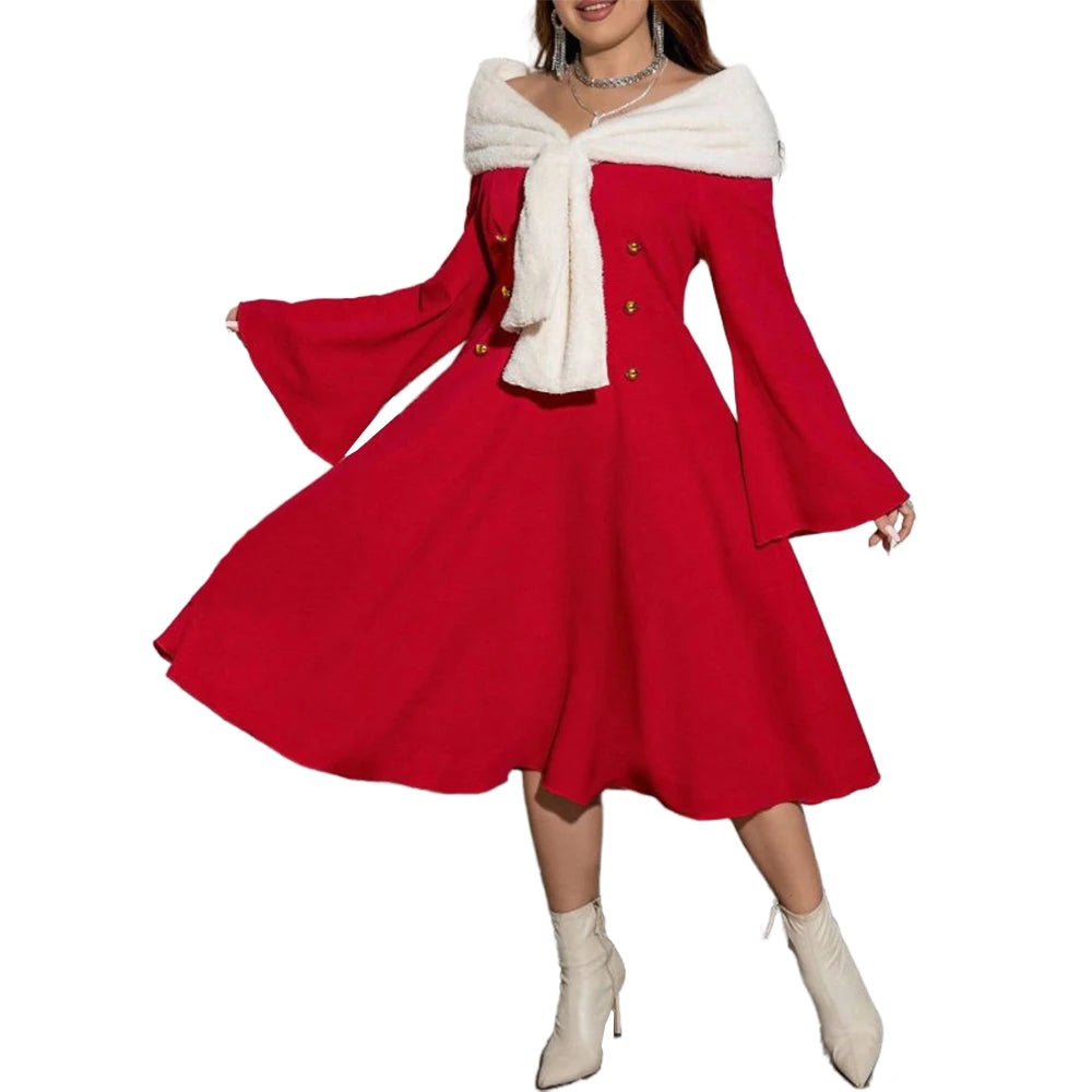 Christmas Dress for Women Plus Size Long Sleeve Oversize Warm Winter Red Elegant Dresses Girls Xmas New Year Party Costume