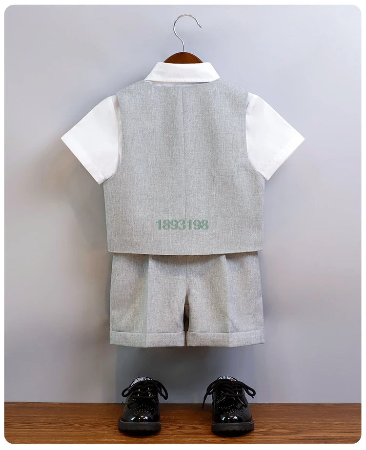 Children's Summer Blue Vest Dress Suit Boy Birthday Party Performance Photography Costume Kids Waistcoat Shorts Bowtie Outfit