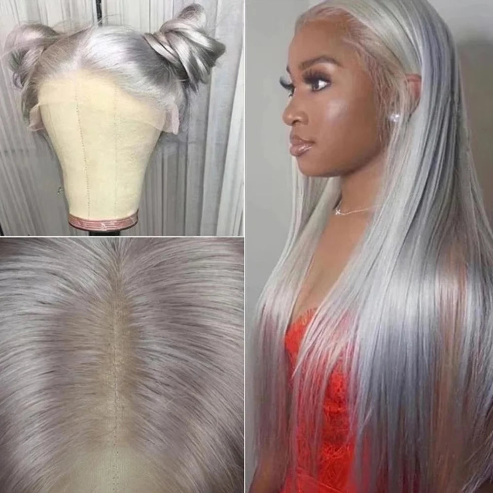 Silver Grey Straight Lace Front Human Hair Wig 40 Inches Colored HD Transparent 13x6 Lace Frontal Wig for Women Preplucked 250%